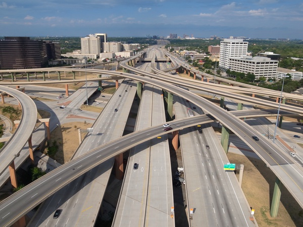 Aerial view of the High Five freeway interchange in Dallas, Texas